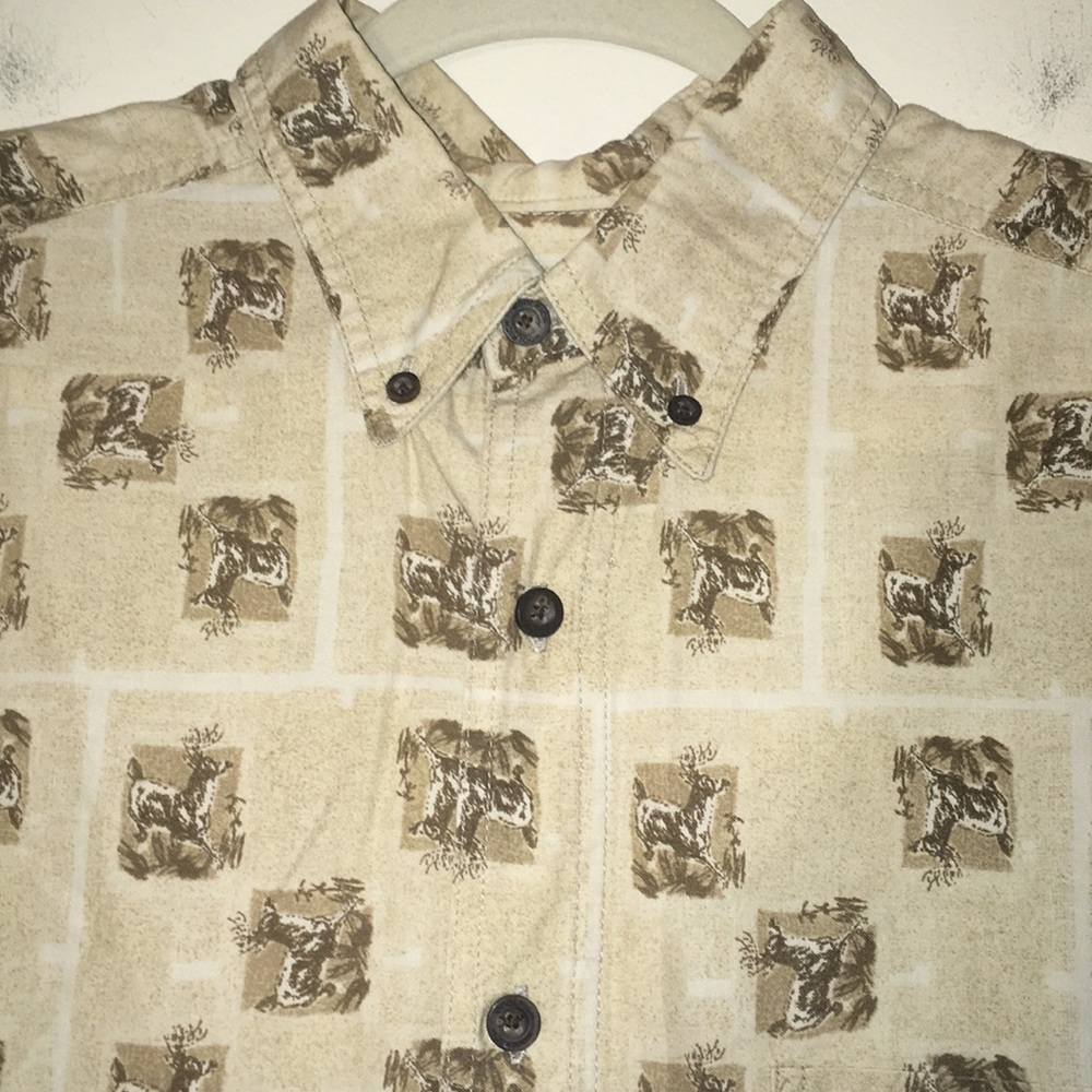 Woolrich Tan & Brown Short Sleeve Deer Pattern Button Down Shirt